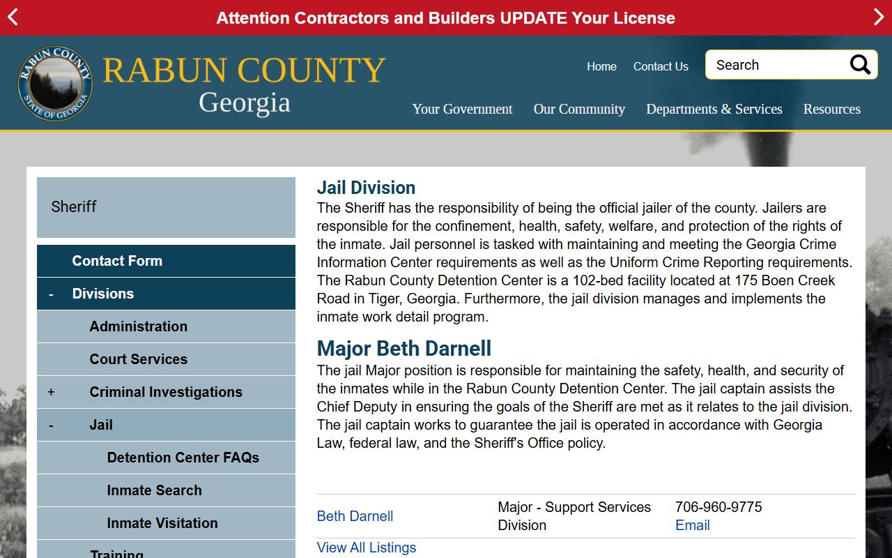 Rabun County inmate records jail division page for Rabun County Detention Center